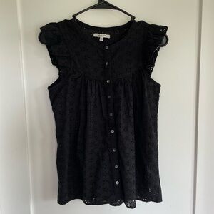 Madewell Blouse Women Sz XXS Black Eyelet Ruffle Button Up Babydoll Embroidered